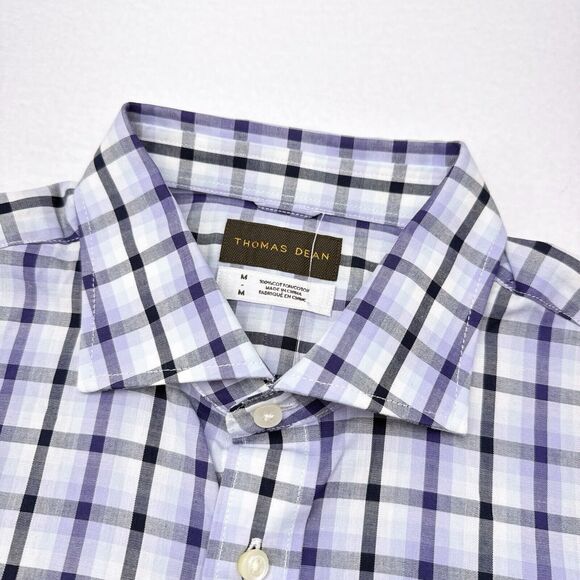 Thomas‎ Dean Short Sleeve Button Up Shirt Men’s Size Medium Purple Plaid Career - Picture 1 of 10